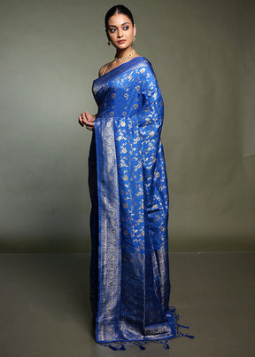 Blue Dupion Silk Saree With Blouse Piece