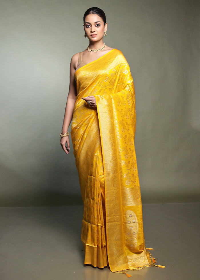Yellow Dupion Silk Saree With Blouse Piece