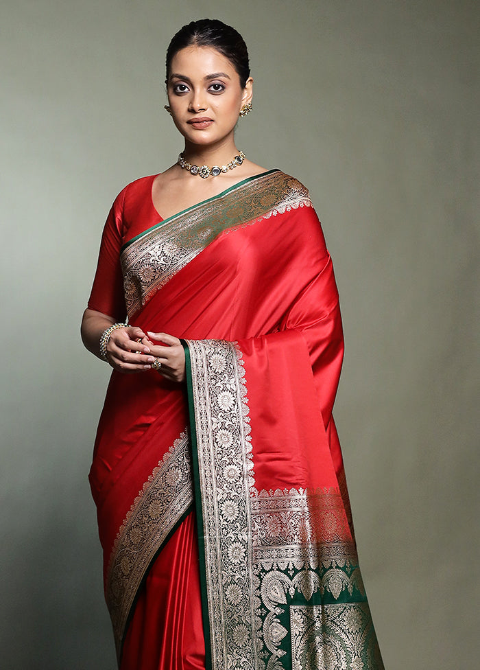 Red Banarasi Silk Saree With Blouse Piece
