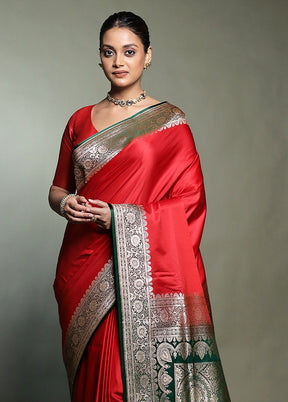 Red Banarasi Silk Saree With Blouse Piece