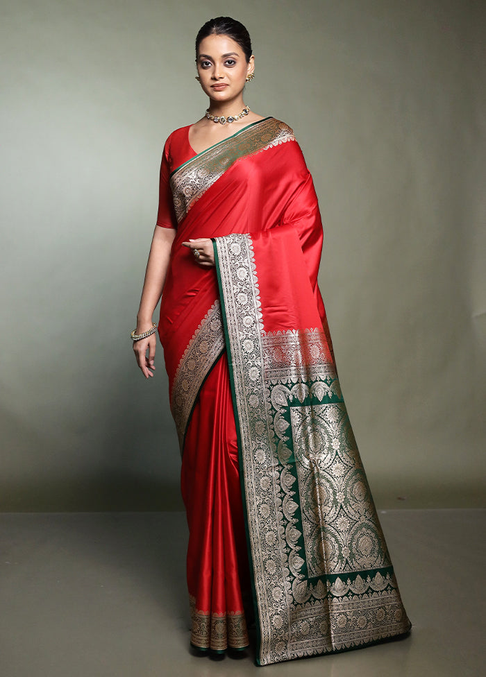 Red Banarasi Silk Saree With Blouse Piece