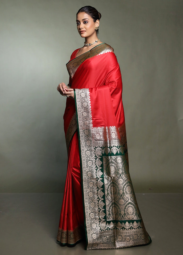 Red Banarasi Silk Saree With Blouse Piece