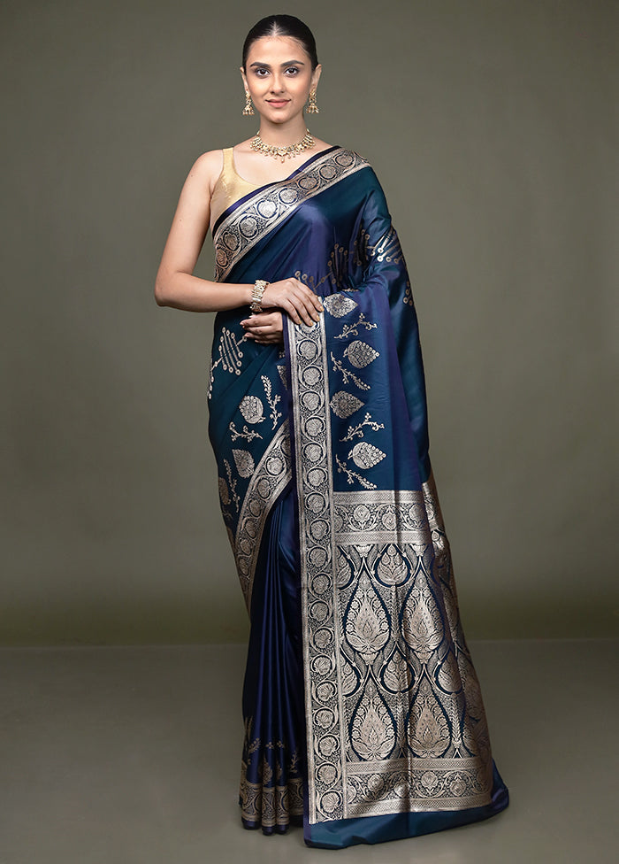 Blue Banarasi Silk Saree With Blouse Piece