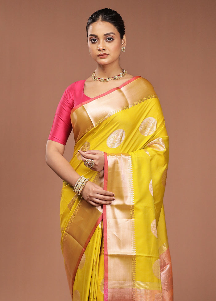 Yellow Dupion Silk Saree With Blouse Piece