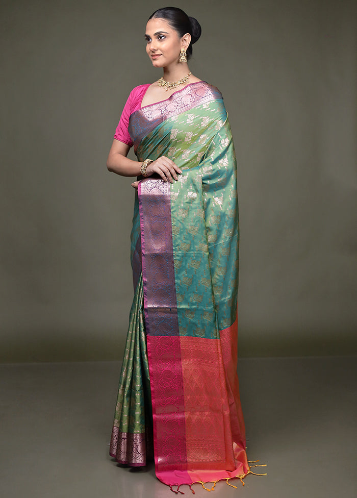 Green Dupion Silk Saree With Blouse Piece