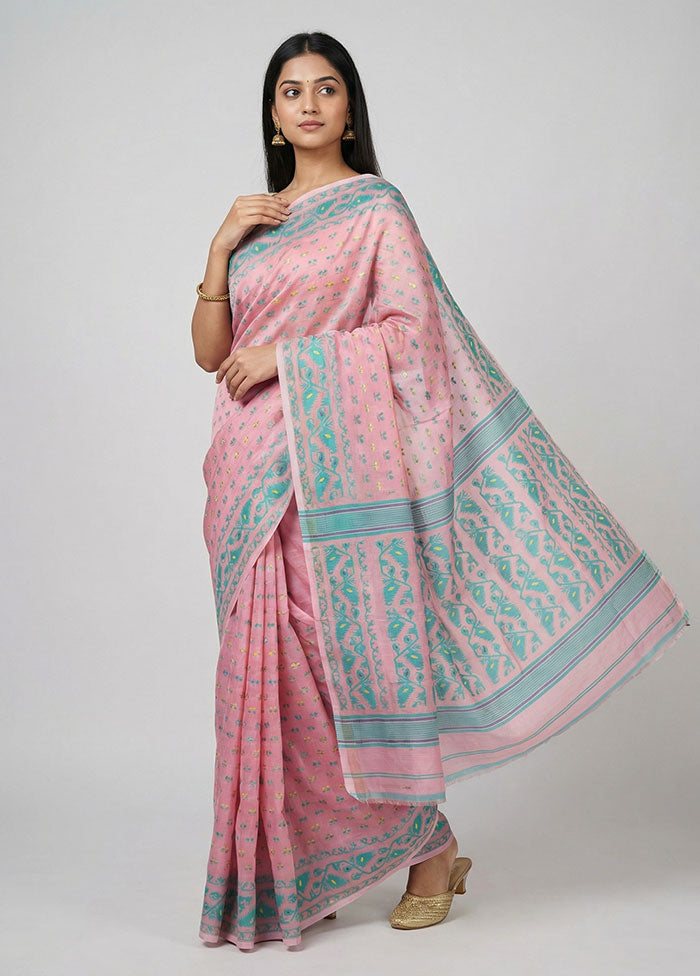 Pink Jamdani Cotton Saree Without Blouse Piece