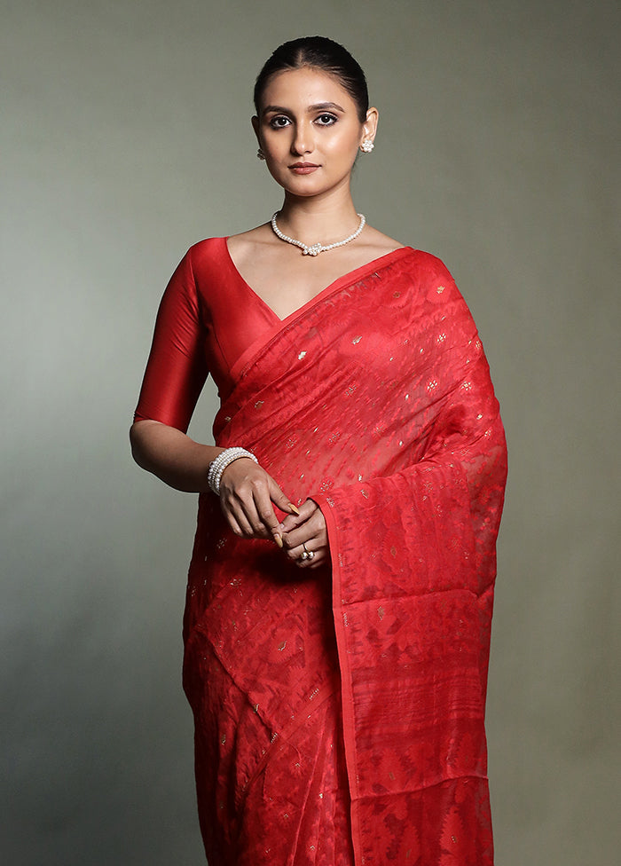 Red Tant Jamdani Saree Without Blouse Piece