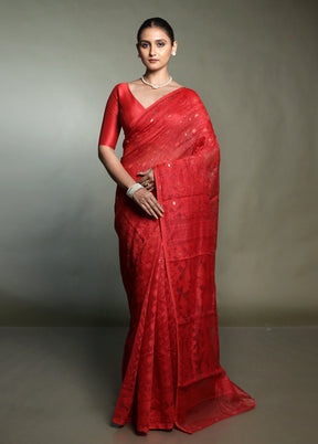 Red Tant Jamdani Saree Without Blouse Piece