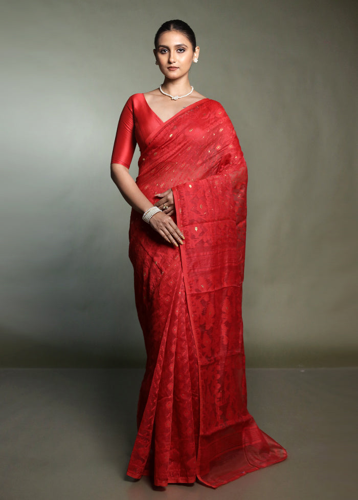 Red Tant Jamdani Saree Without Blouse Piece