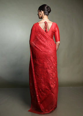 Red Tant Jamdani Saree Without Blouse Piece