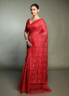 Red Tant Jamdani Saree Without Blouse Piece