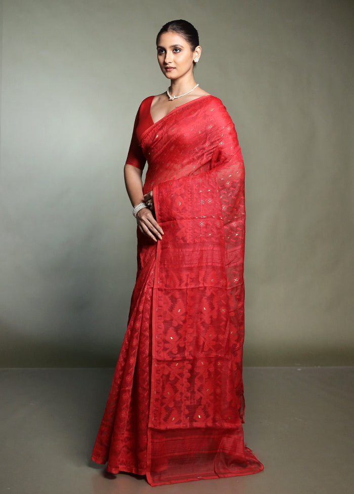 Red Tant Jamdani Saree Without Blouse Piece