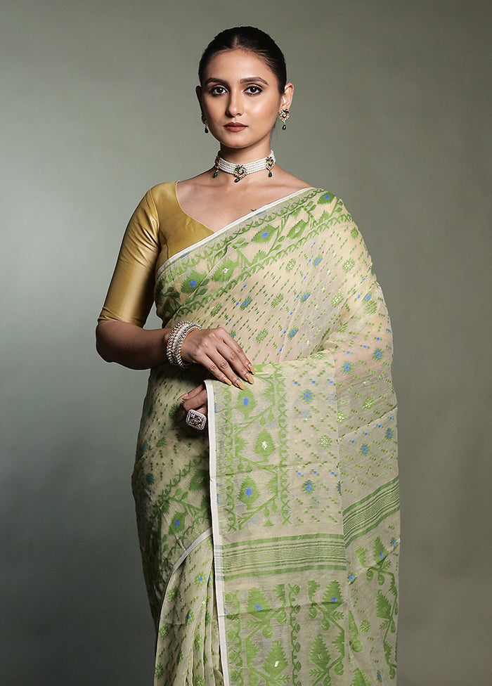 Cream Tant Jamdani Saree Without Blouse Piece