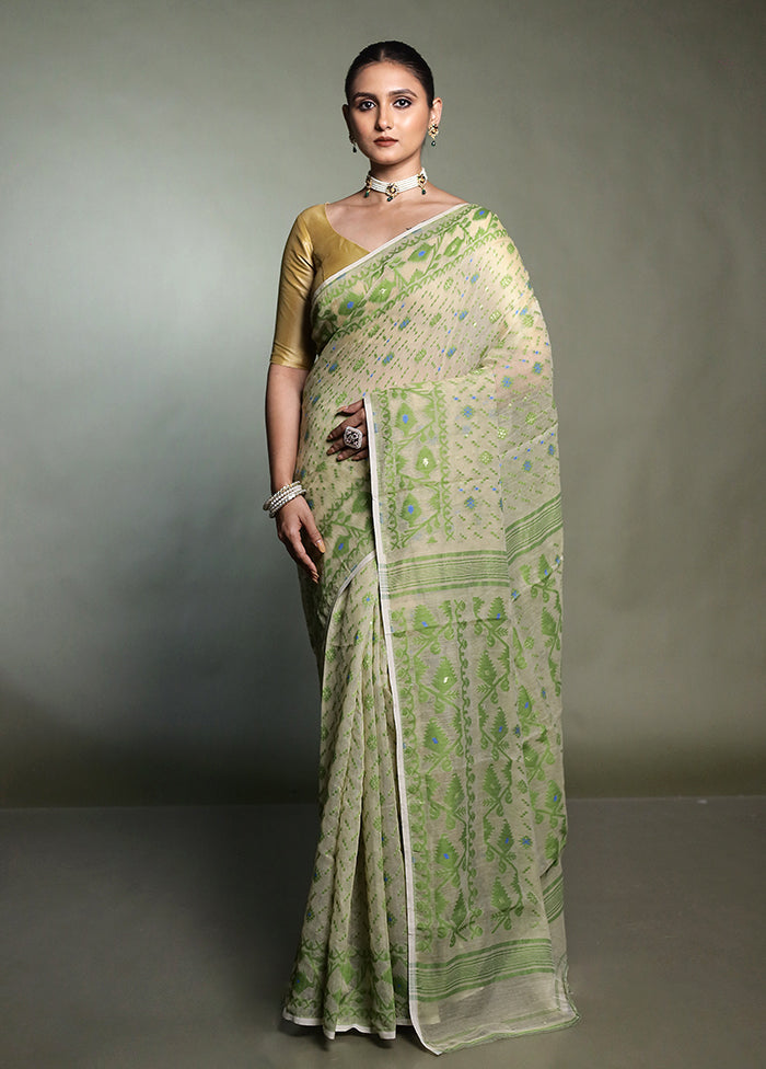 Cream Tant Jamdani Saree Without Blouse Piece