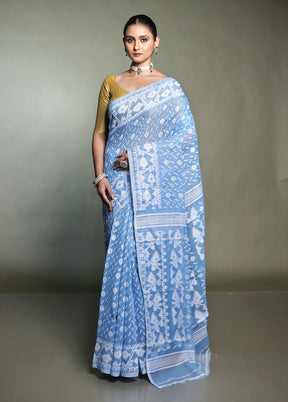 Blue Tant Jamdani Saree Without Blouse Piece