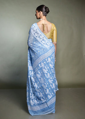 Blue Tant Jamdani Saree Without Blouse Piece
