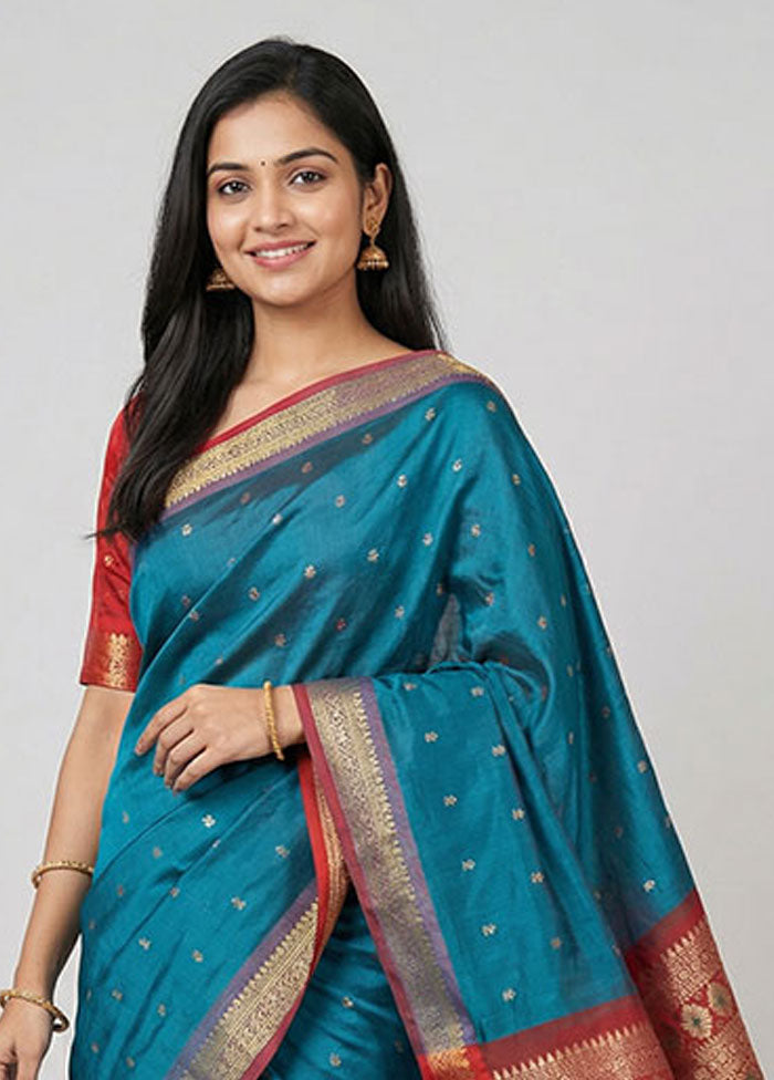 Blue Kanjivaram Silk Saree With Blouse Piece