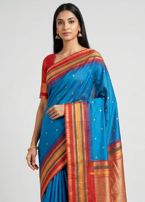 Blue Kanjivaram Silk Saree With Blouse Piece