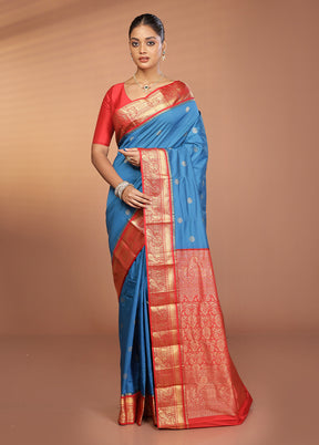 Blue Kanjivaram Silk Saree With Blouse Piece