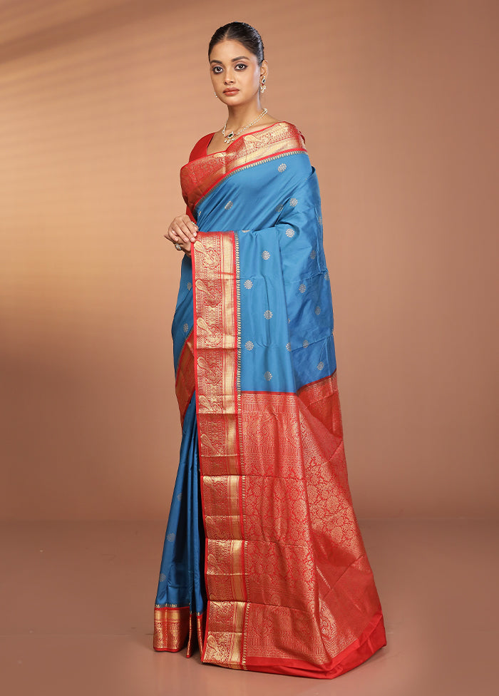 Blue Kanjivaram Silk Saree With Blouse Piece