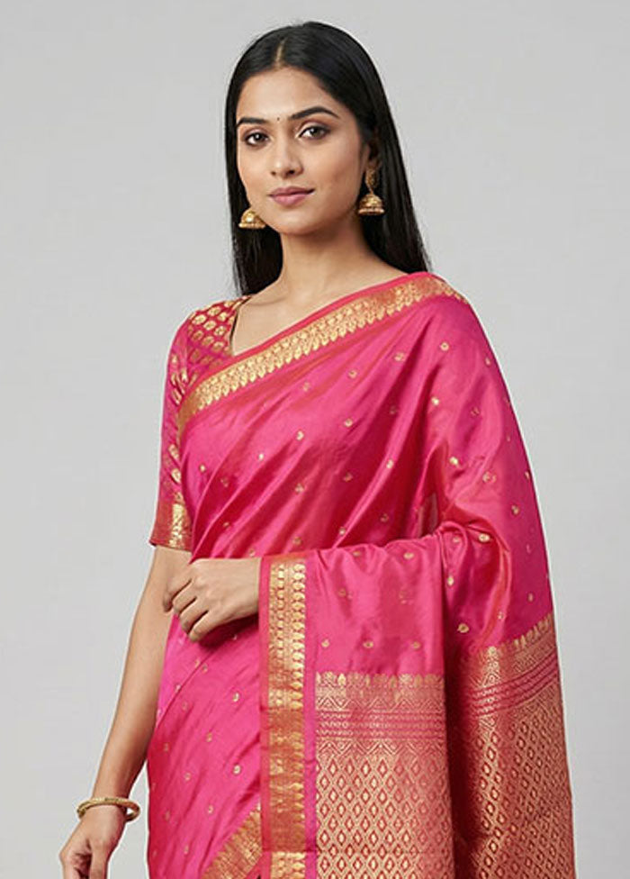 Pink Kanjivaram Silk Saree With Blouse Piece