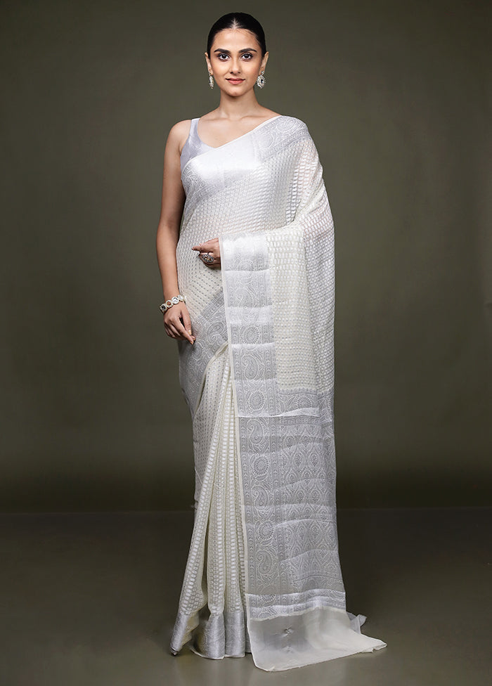 White Kora Silk Saree With Blouse Piece