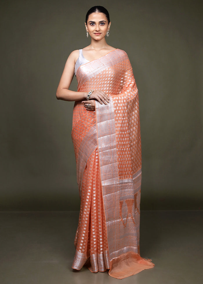 Peach Kora Silk Saree With Blouse Piece