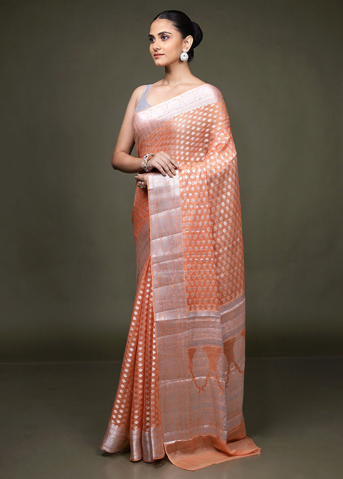 Peach Kora Silk Saree With Blouse Piece