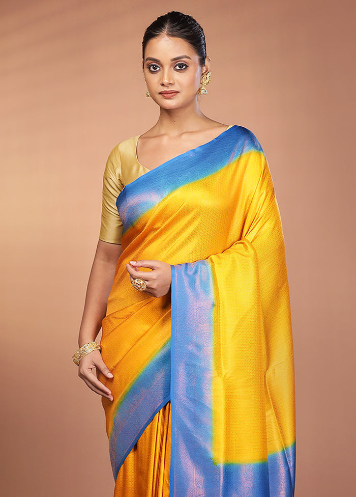 Yellow Dupion Silk Saree With Blouse Piece
