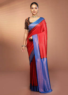 Red Dupion Silk Saree With Blouse Piece