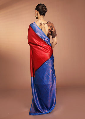 Red Dupion Silk Saree With Blouse Piece