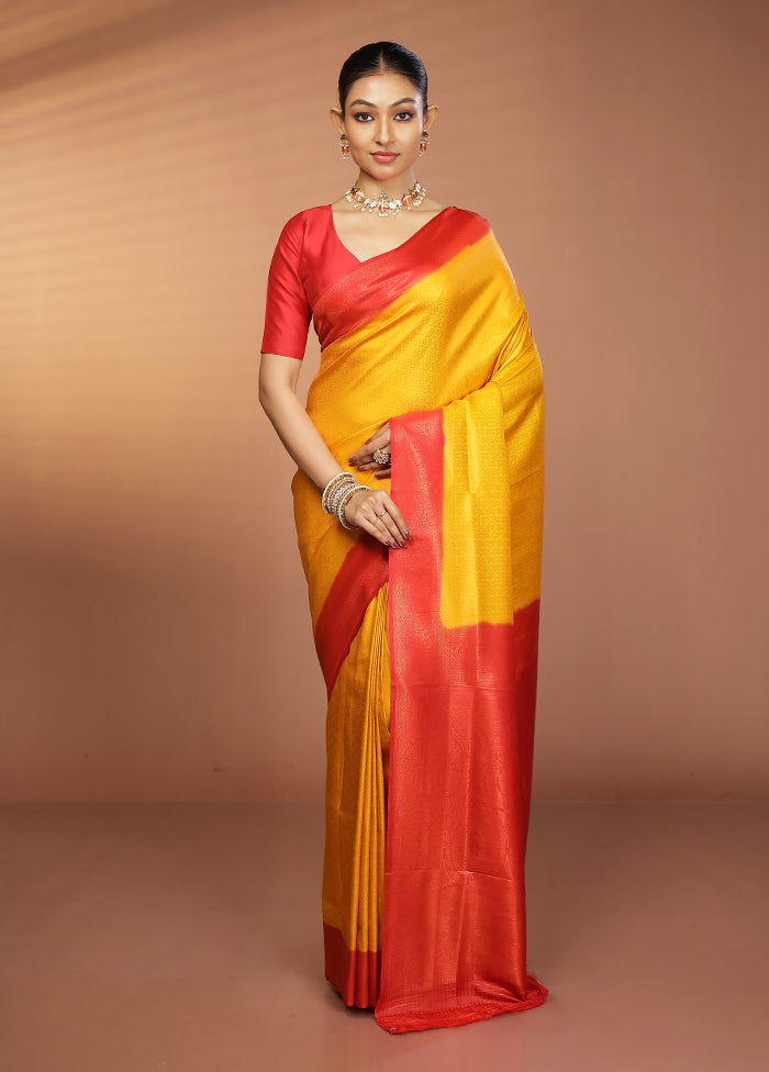 Yellow Dupion Silk Saree With Blouse Piece