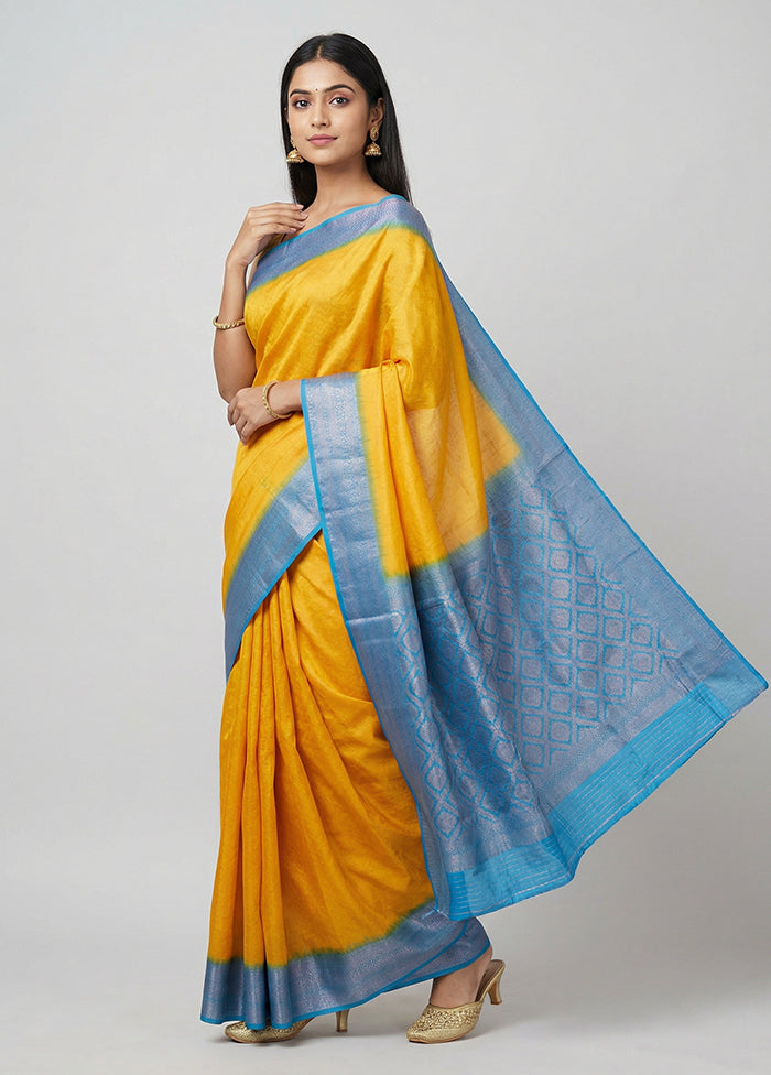 Yellow Dupion Silk Saree With Blouse Piece
