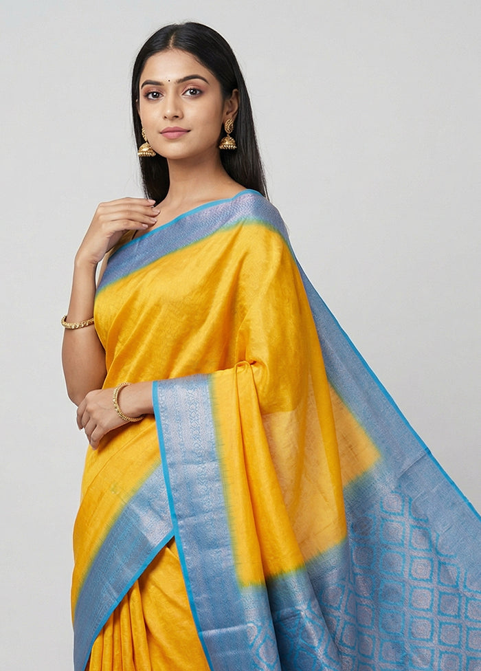 Yellow Dupion Silk Saree With Blouse Piece