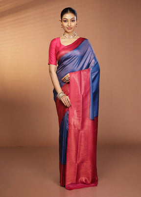 Blue Dupion Silk Saree With Blouse Piece