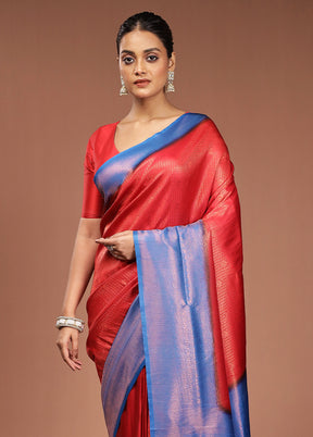Red Dupion Silk Saree With Blouse Piece