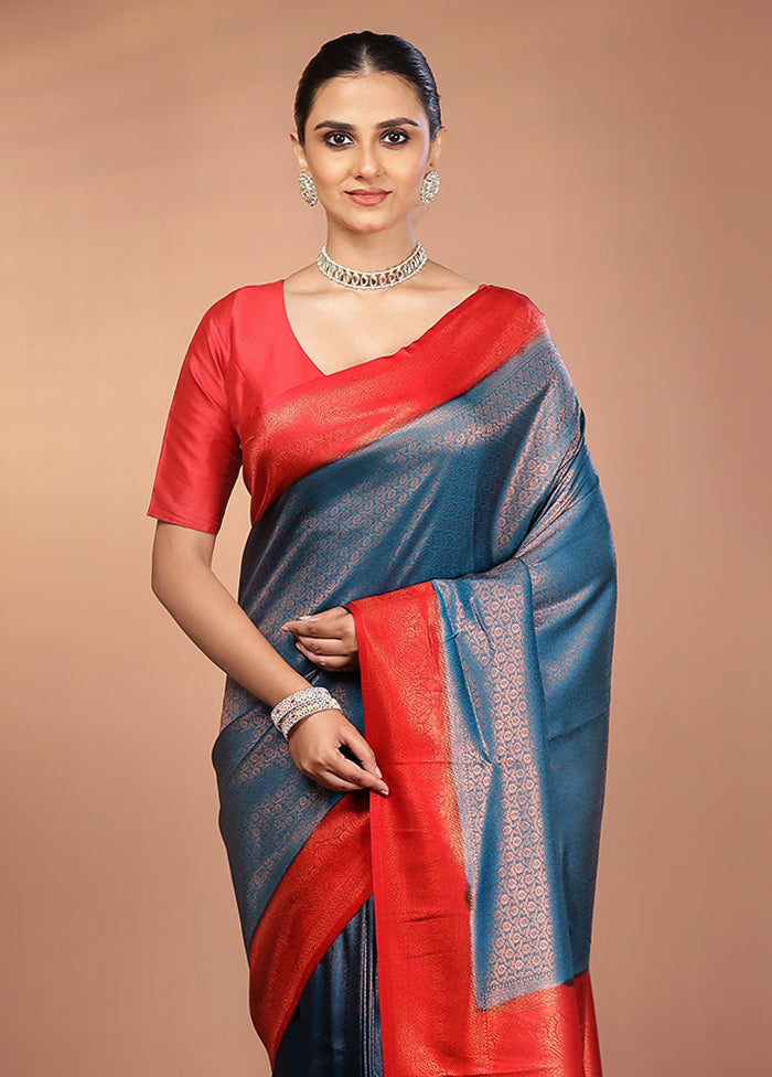 Blue Dupion Silk Saree With Blouse Piece