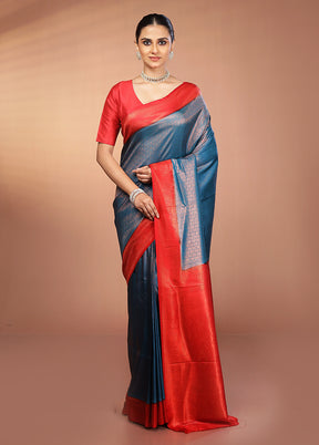 Blue Dupion Silk Saree With Blouse Piece