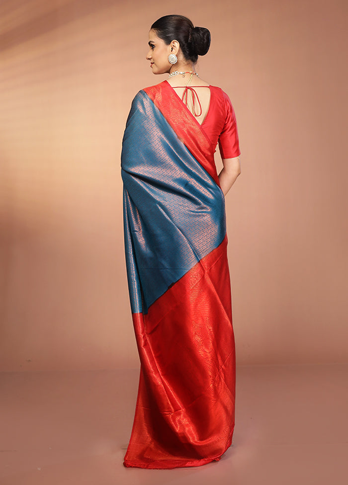 Blue Dupion Silk Saree With Blouse Piece