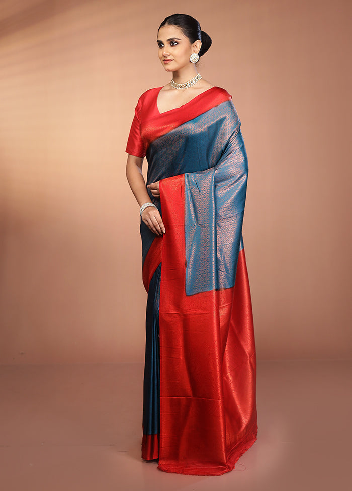 Blue Dupion Silk Saree With Blouse Piece