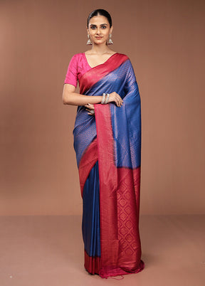 Blue Dupion Silk Saree With Blouse Piece