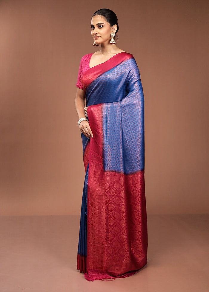 Blue Dupion Silk Saree With Blouse Piece