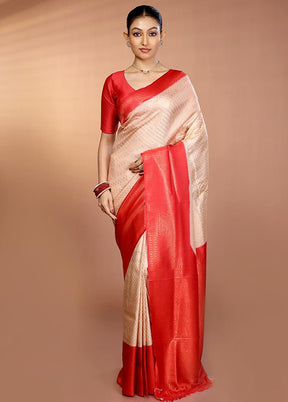 Cream Dupion Silk Saree With Blouse Piece