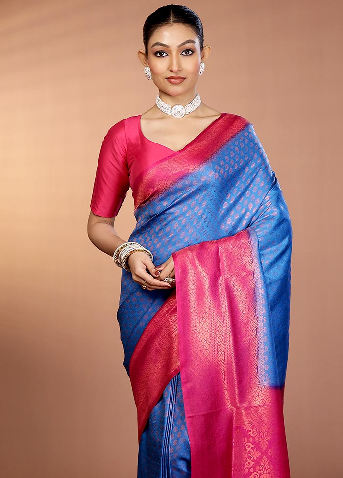 Blue Dupion Silk Saree With Blouse Piece