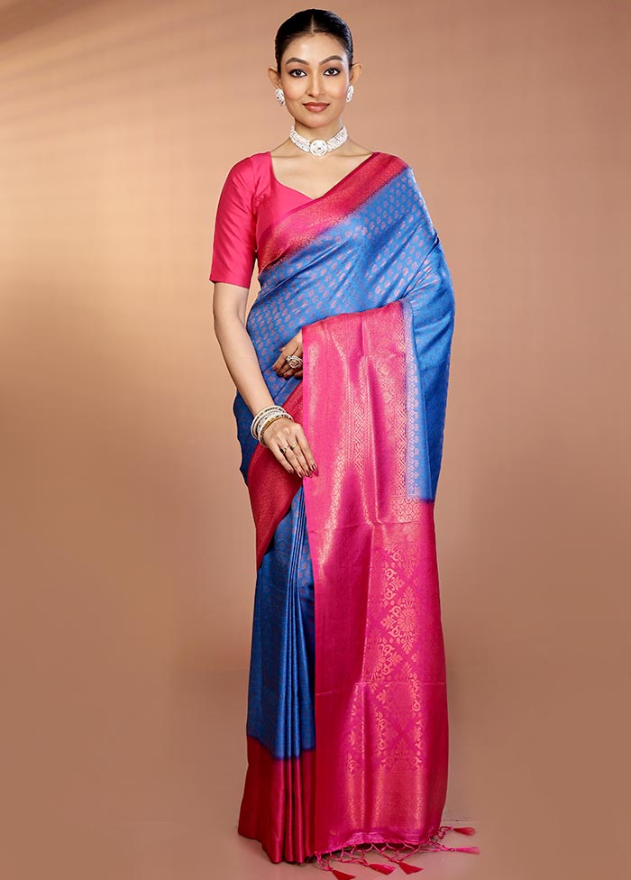 Blue Dupion Silk Saree With Blouse Piece