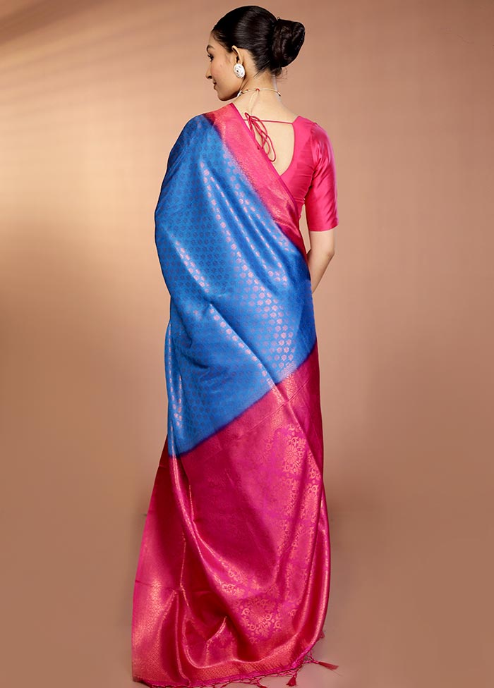 Blue Dupion Silk Saree With Blouse Piece
