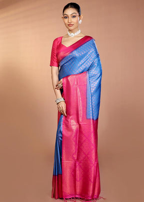 Blue Dupion Silk Saree With Blouse Piece