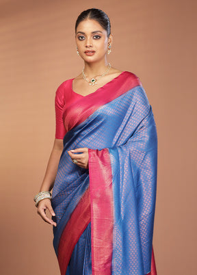 Blue Dupion Silk Saree With Blouse Piece