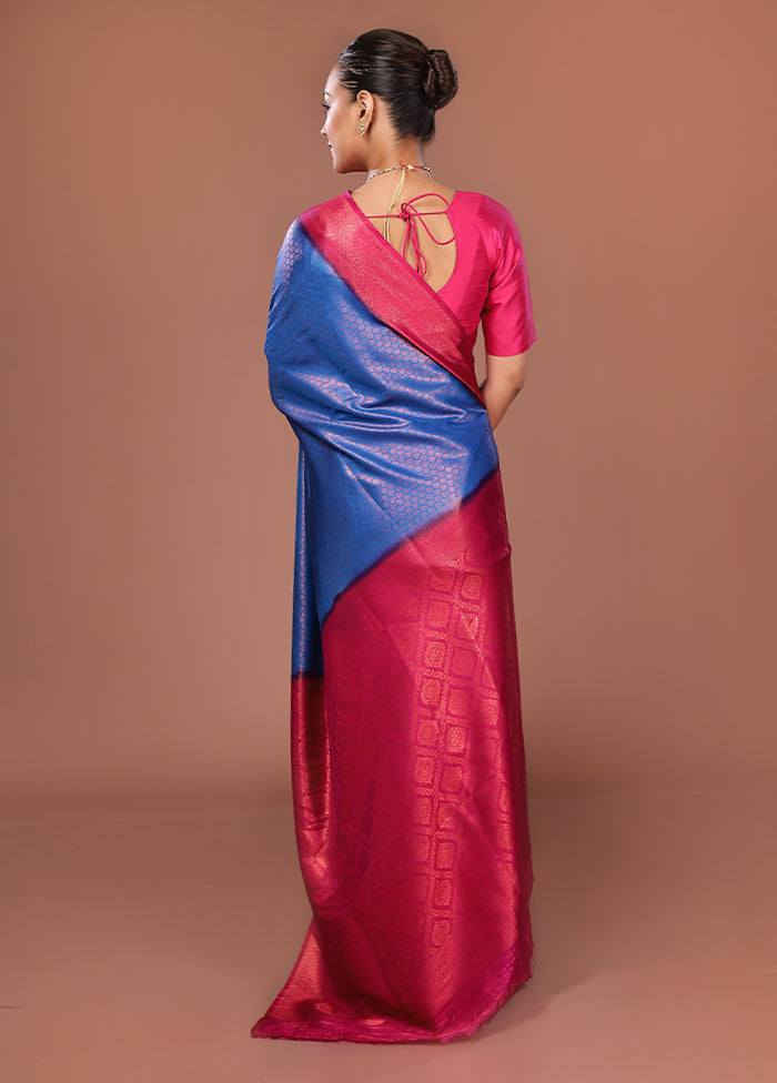 Blue Dupion Silk Saree With Blouse Piece