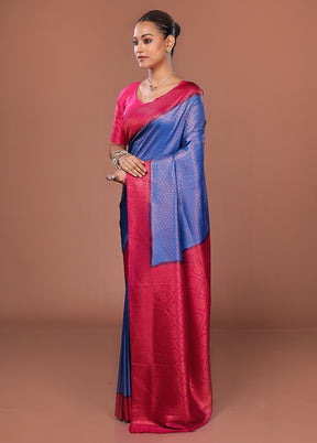 Blue Dupion Silk Saree With Blouse Piece